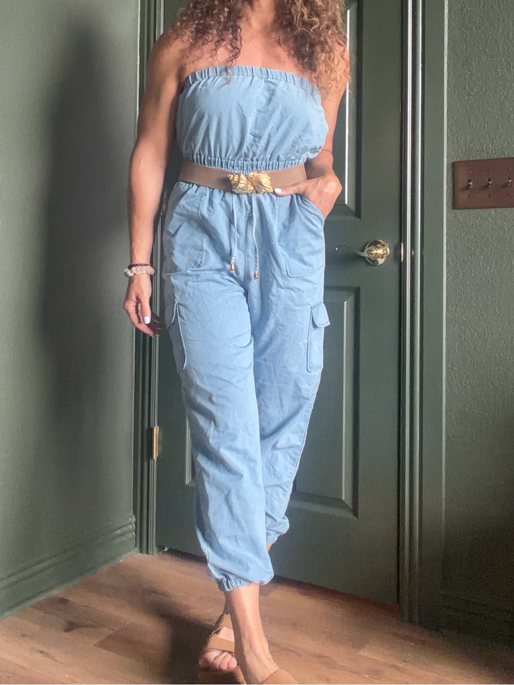 Lightweight denim style cargo jumpsuit